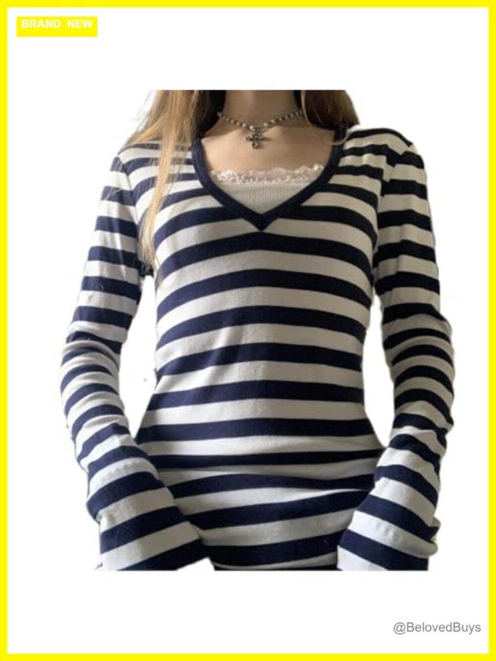 Womens Long Sleeve Striped V Neck Slim Fit Retro Y2K Grunge Casual Top